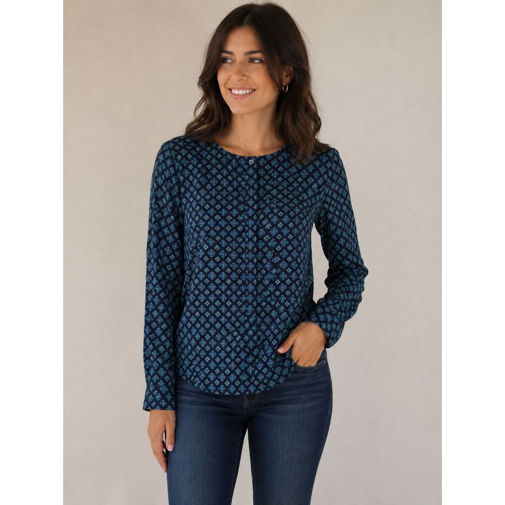 J.Crew Sz. XS Navy Blue Teal Geometric Print Hidden Button Neckline Blouse #19